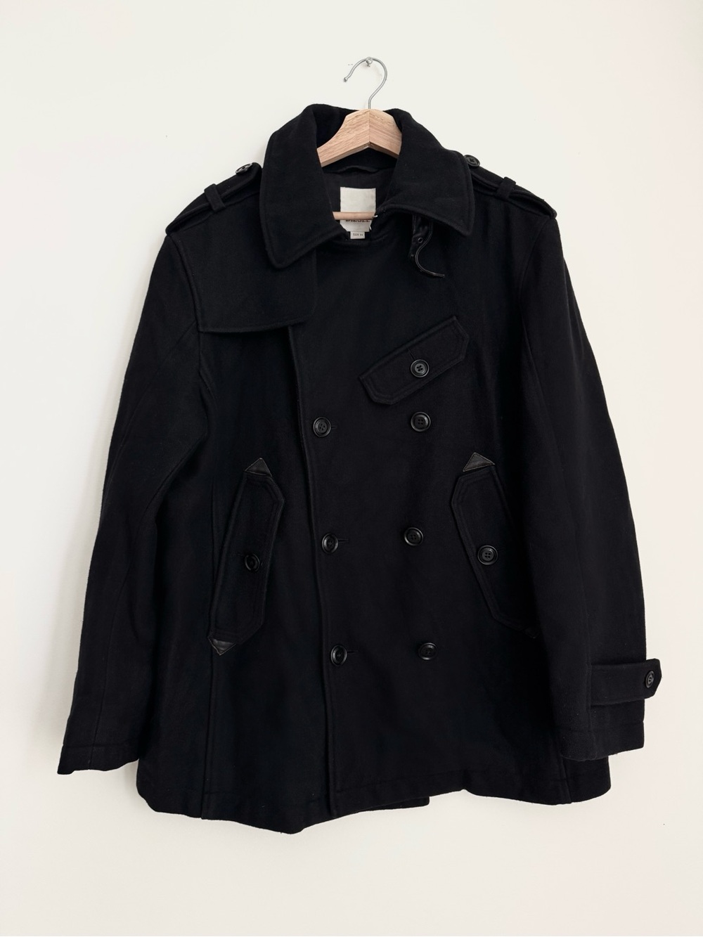 Diesel Black Double-Breasted Pea Coat with Epaulets